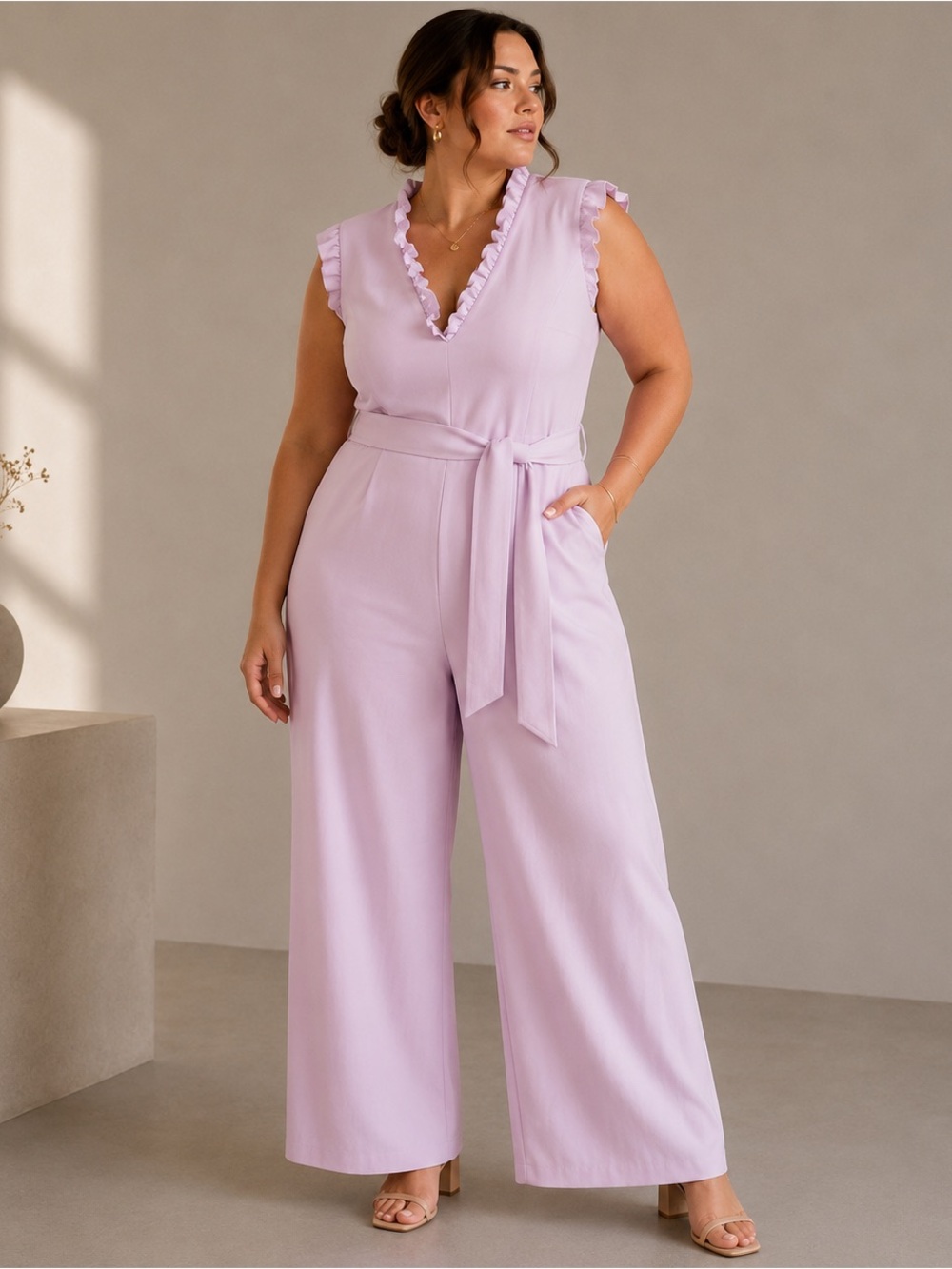 Calvin Klein Lilac Ruffle V-Neck Wide-Leg Jumpsuit